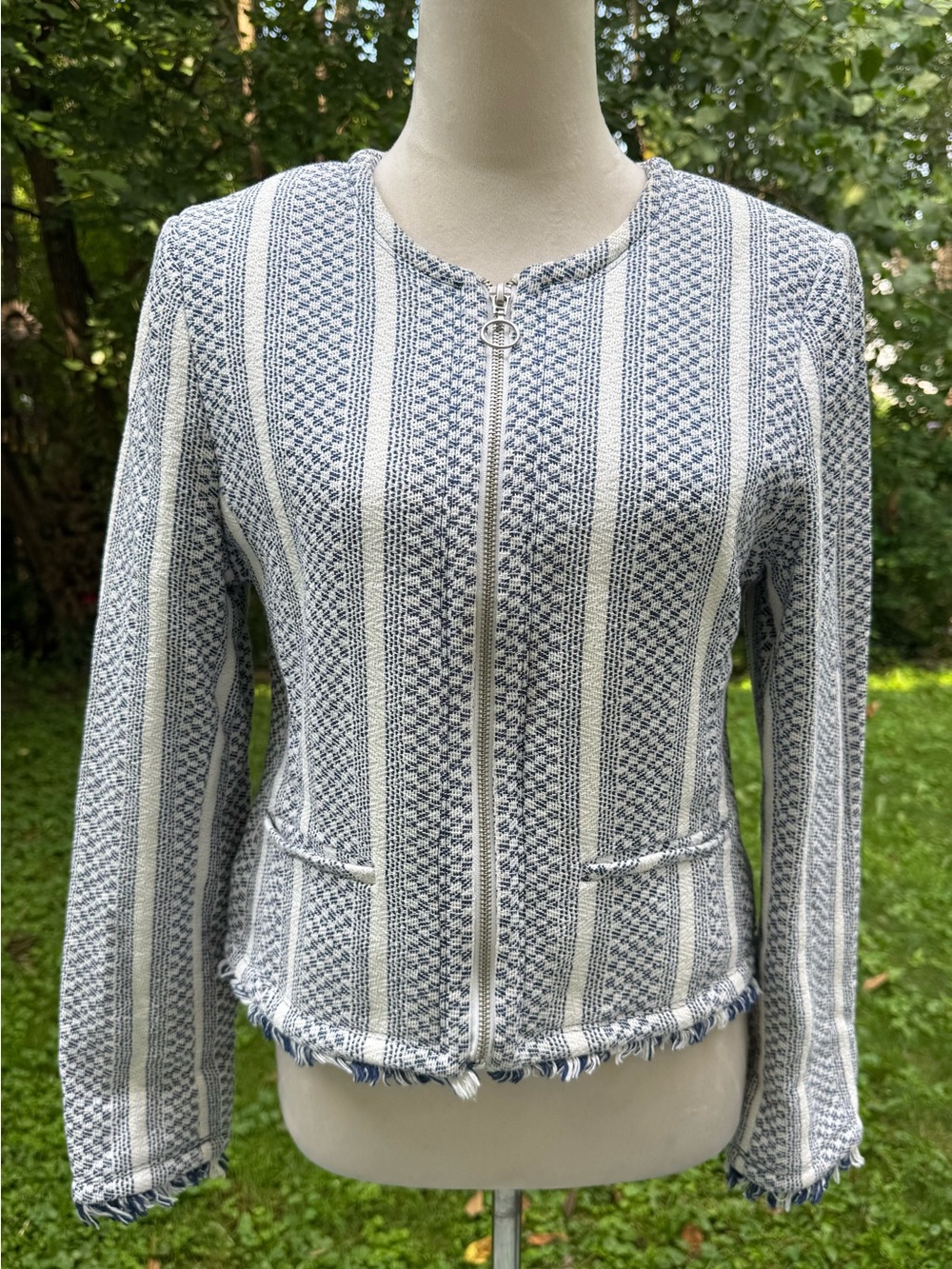 Adrienne Vittadini Textured Woven Cotton Zip Front Jacket Blue/White Striped M